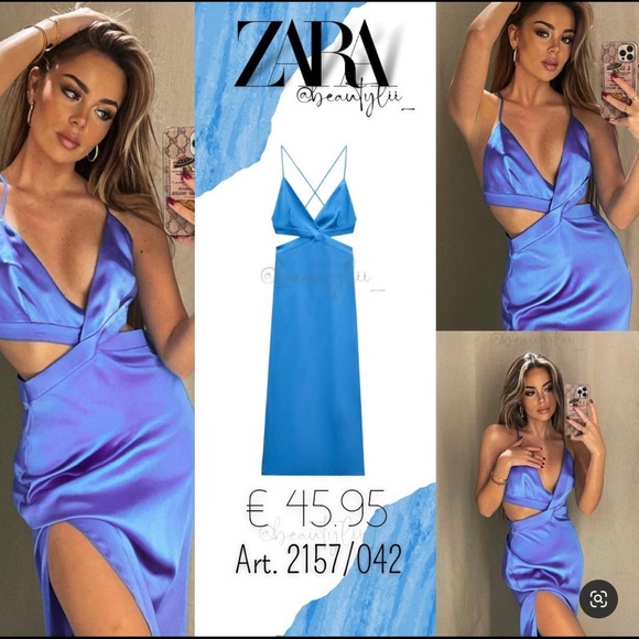 ZARA Satin Effect Cut Out Midi In Blue - Picture 12 of 17